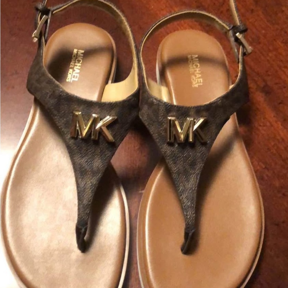 MICHAEL Michael Kors Brown and Gold Logo Thong Sandals